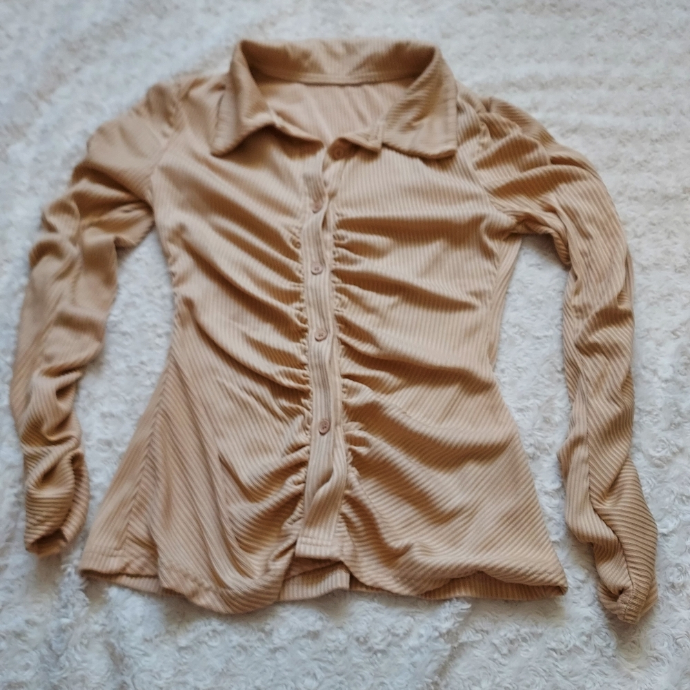 SHEIN Buttery Soft Ruched Ribbed beige top Med Quiet Luxury Comfy Career Office